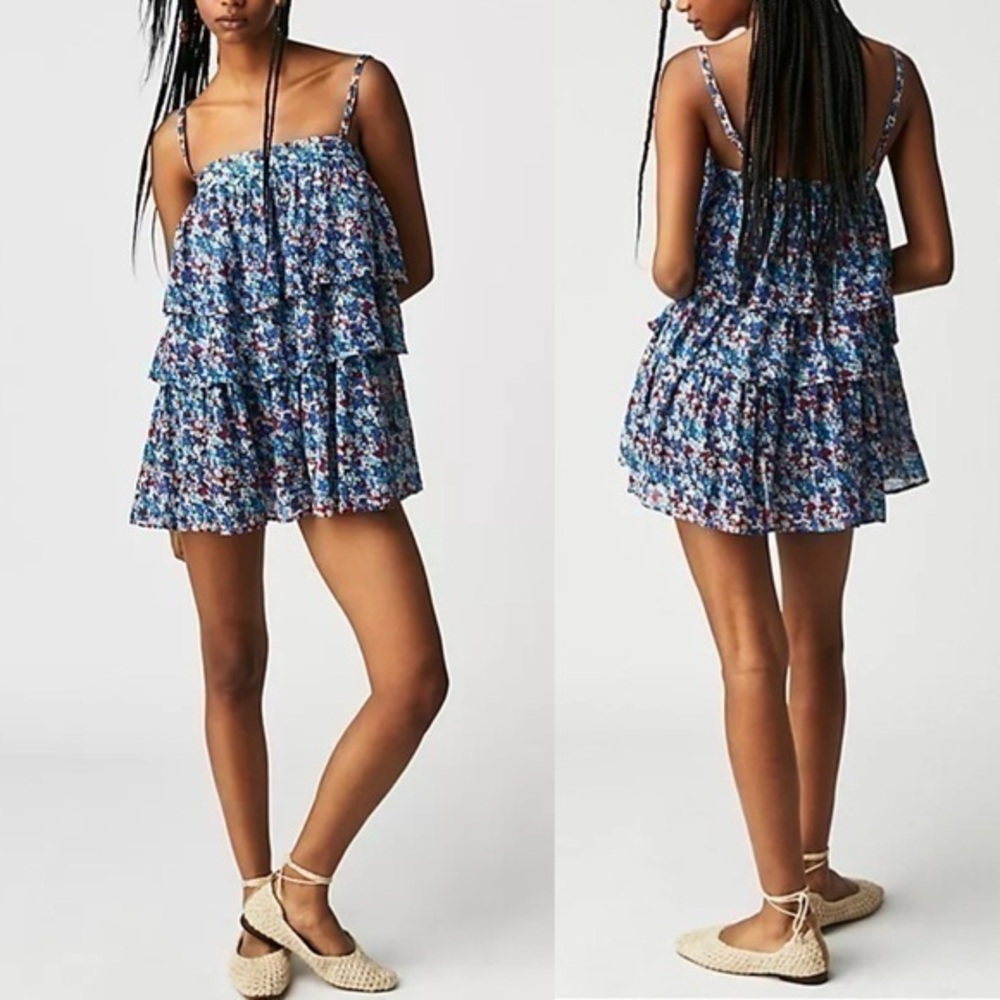 Free People FP One Blue Floral Tiered Sleeveless Tunic Size Medium